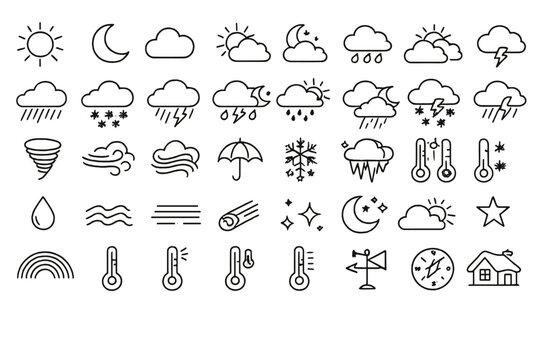 A collection of forty minimalist weather icons featuring sun, moon, clouds, rain, snow, and lightning. These white line art symbols are presented on a solid black background for clarity.