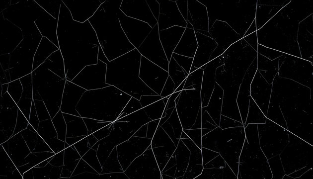 White scratches and dust on black background. Old dirty glass, dinamic scene. White tone