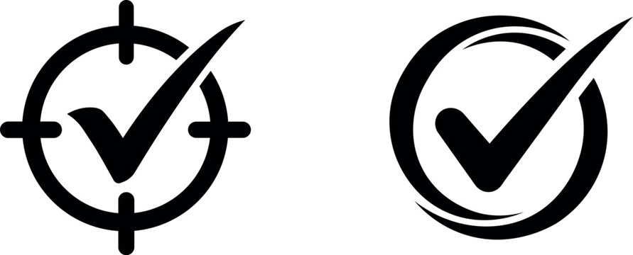 Check mark black icon set with target and circle symbols vector illustration isolated on transparent background