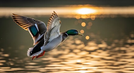 A majestic duck in flight, wings outstretched, bathed in the golden light of sunset over the water