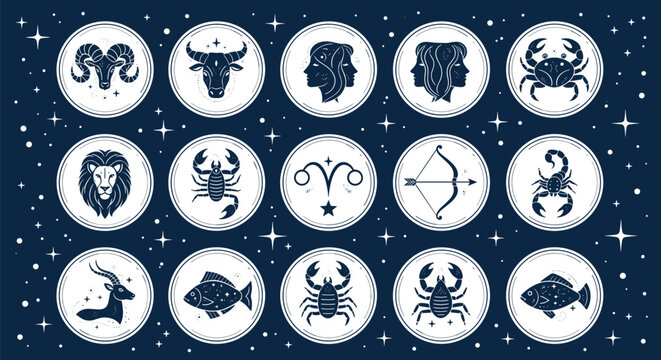 Collection of celestial zodiac signs and astrological symbols vector set featuring mystic animal icons on dark starry night background.