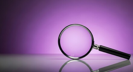 A magnifying glass rests, reflecting, on a surface, with a gradient purple background