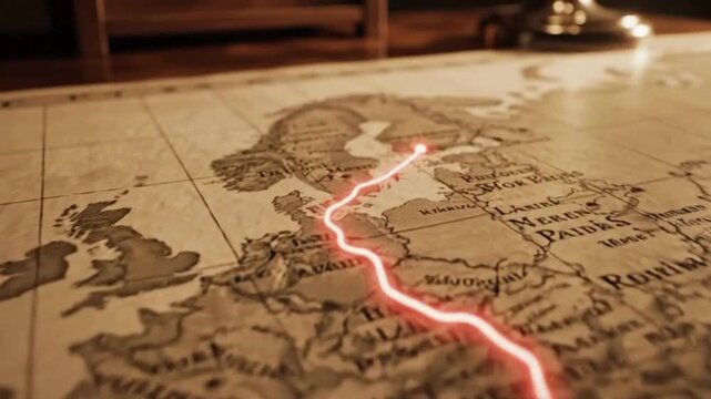 Vintage map showing a glowing red line tracing a journey across Europe and Africa, signifying travel and exploration.