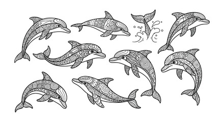 Intricate line art depicts a playful pod of dolphins swimming freely © nurjahan