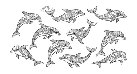 Intricate line art depicts a playful pod of dolphins swimming freely © nurjahan