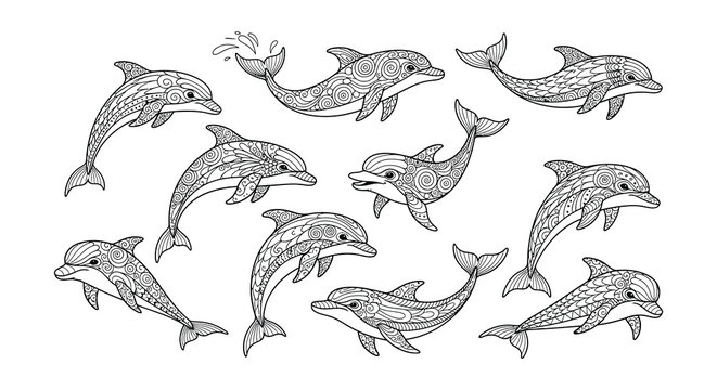 Intricate line art depicts a playful pod of dolphins swimming freely