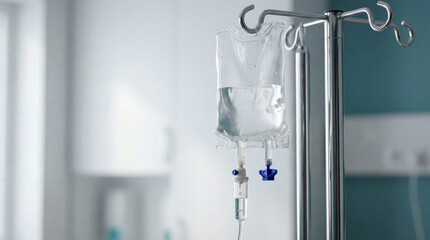 Close-up of an IV drip bag hanging on a metal stand in a bright, sterile hospital environment, symbolizing medical care