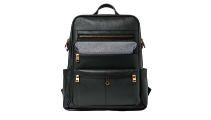 A sleek, black leather backpack with multiple compartments, zippers, and a top handle