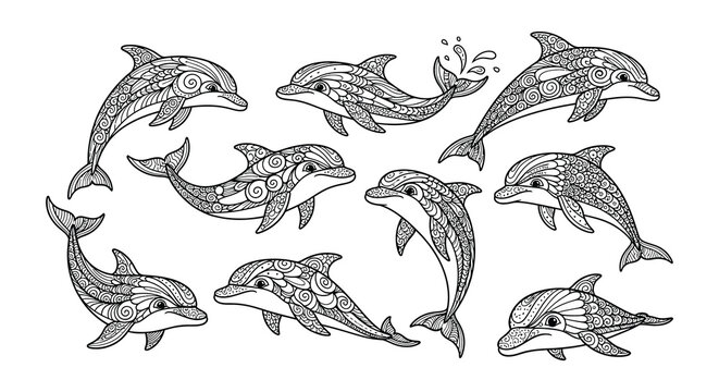 Intricate line art depicts a playful pod of dolphins swimming freely