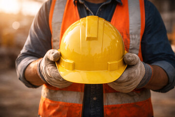 Fototapeta premium Construction worker in orange safety vest and gloves holding a yellow hard hat with both hands, close-up with warm sunlight