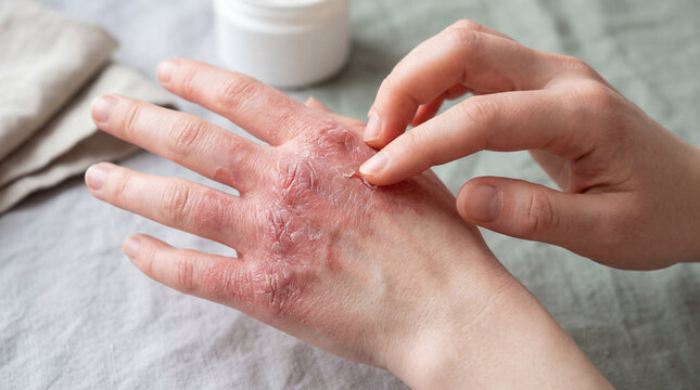 Close-up of a hand with severe eczema, showing dry, red, and flaky skin, being gently touched for relief or treatment