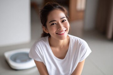 Naklejka premium Smiling young asian female in casual white shirt at home