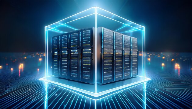 inside a glass cube of data endless rows of servers perform optimization monitoring and recovery operations ensuring each database remains free from connectivity problem