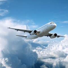 Fototapeta premium Commercial airplane soaring through white clouds against a clear blue sky
