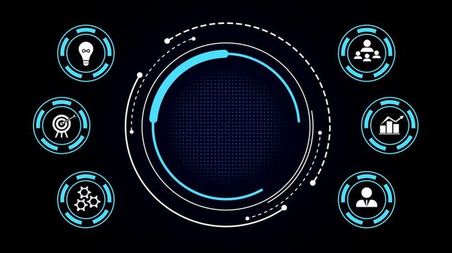 Futuristic circular hud interface in blue on black with six surrounding icons representing idea, target, gears, team, chart, user; central ring with dotted elements