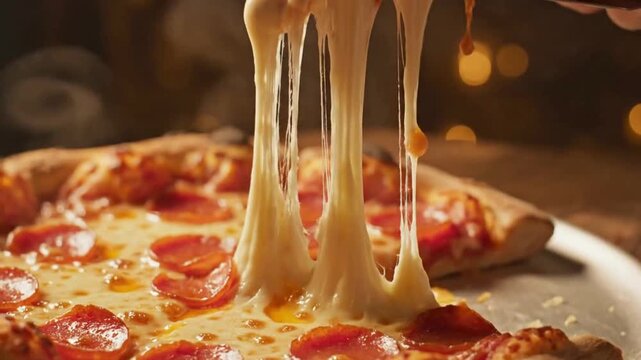 Hot pepperoni pizza slice with strings of melted cheese stretching, a tempting and delicious Italian classic.