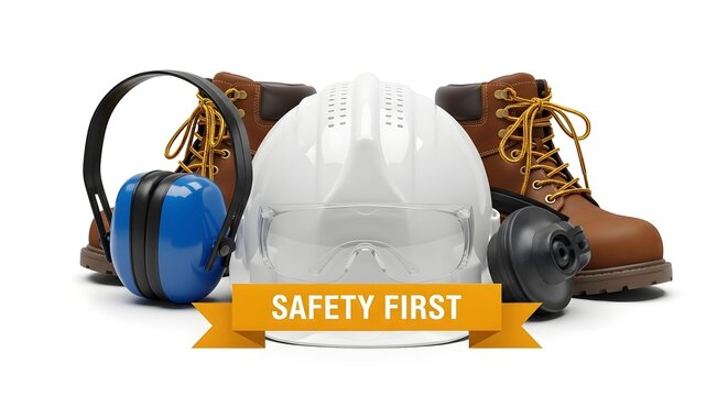 Safety equipment arranged for workplace safety, including boots, helmet, and ear protection. The scene suggests a safe work environment and emphasizes prioritizing safety at a job site