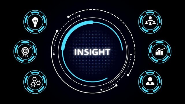 Futuristic technology concept with the word 'INSIGHT' centered in a glowing circular interface, blue neon icons surround on dark background