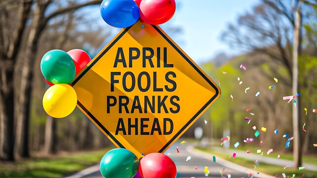 April fools day prank sign with colorful balloons and confetti outdoors