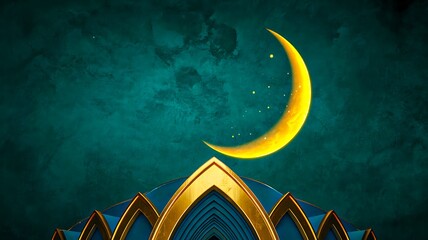 Golden crescent moon above islamic mosque arch with elegant green background