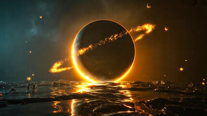 Solar eclipse over ocean with fiery ring and dramatic night sky