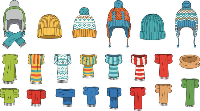 Collection of colorful winter knitted hats with pom poms and warm woolen scarves vector set for cold weather fashion apparel