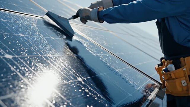 Solar Panel Cleaning - A worker cleans solar panels using a squeegee and water to ensure efficient renewable energy production.