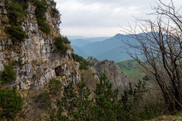 Historic Strada delle 52 Gallerie hiking trail on Mount Pasubio, Vicenza, Italy.