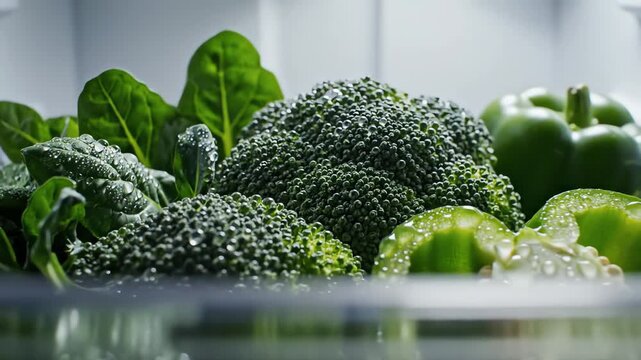Fresh green vegetables with water droplets stored neatly in a fridge drawer, symbolizing a healthy lifestyle and clean eating concept