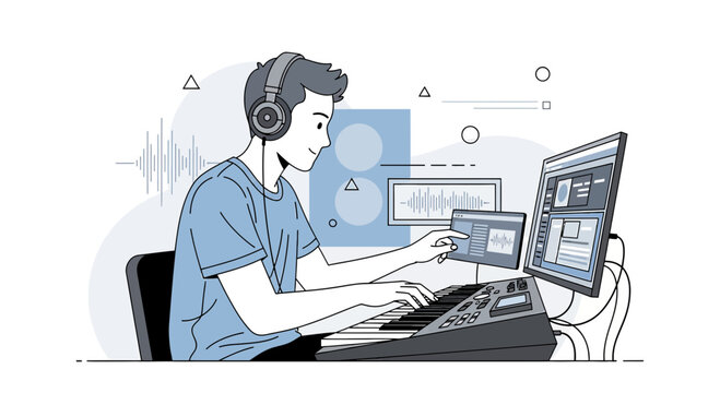 Young Man Creating Music with Synthesizer and Computer