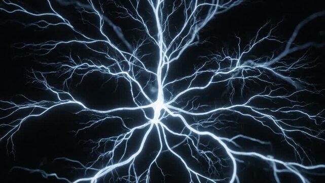 Abstract blue electrical discharge on black background, resembling neural network or lightning bolts
