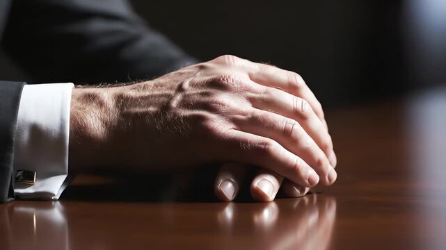 Closeup of nervous speaker&rsquo;s hands resting thoughtfully on a polished table, representing a serious business or stress concept