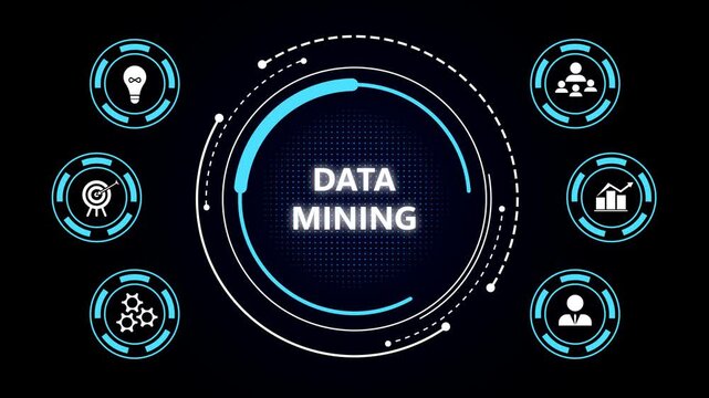 Futuristic circular interface with 'data mining' text, blue tech icons on dark background