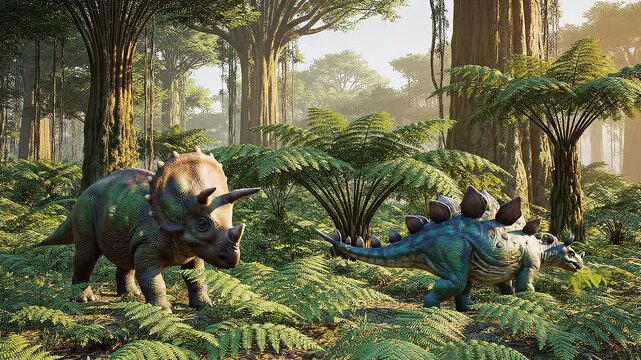 Dinosaur and caveman in forest scene.