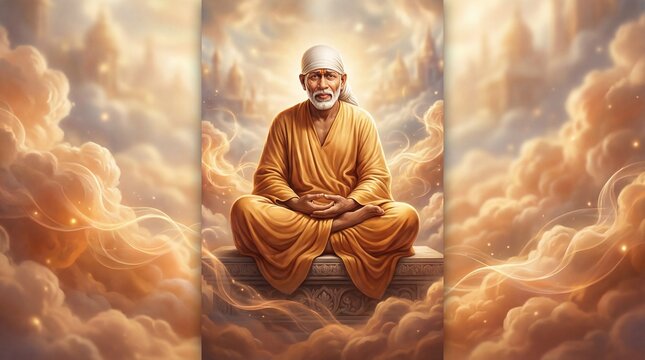 Sai Baba Meditating Peacefully in Heavenly Ethereal Clouds with Divine Light for Spiritual and Religious Concepts