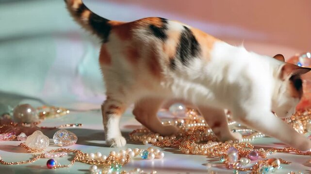 Ultra HD Playful Kitten Poking at Sparking Jewelry and Gemstones in Dreamy Pastel Lighting Video