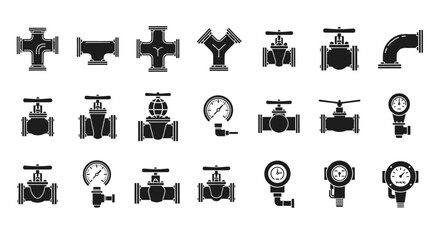 Fototapeta premium Collection of various industrial valve icons displayed against a clean white background from a straightforward viewpoint