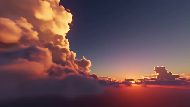 Golden Clouds in the Sky at Sunset - A breathtaking view of clouds is captured at sunset, with warm golden light illuminating the cloud tops against a gradient blue sky.