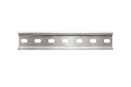 DIN rail segment with hat-profile channel and elongated mounting slots, crisp beveled edges, straight-on front view, isolated on transparent background