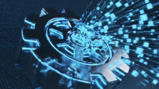 Dynamic digital gears collaborating in a data-driven technological network, symbolizing innovation and interconnected system processes in a futuristic environment