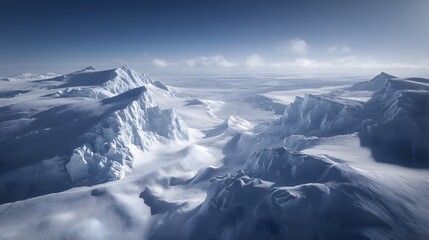 Fototapeta premium A majestic and pristine panoramic view of the South Pole in Antarctica, showcasing vast, wind-sculpted snow ridges and icy cliffs under a clear, cold polar sky
