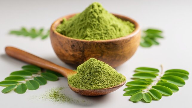 Organic Moringa oleifera leaf powder in a wooden bowl and spoon with fresh green leaves on a light background