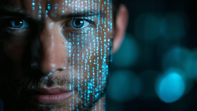 Human face partially covered with projected binary code, cyber security and privacy concept, faceless composition, defocused background, with copy space