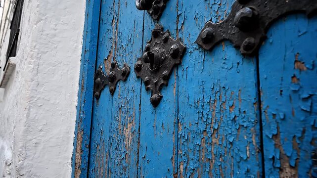 Old blue wooden door with metal.