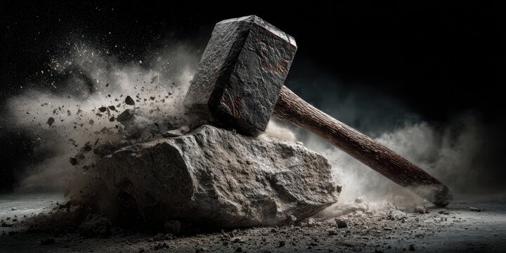Heavy sledgehammer smashing a stone with dust and debris explosion against a dark background