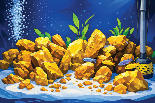 African Cichlid Aquarium Vector Illustration with Yellow and Blue Mbuna Fish, Golden Rocks, Freshwater Plants, and Bubbler Filter System in Underwater Scene.