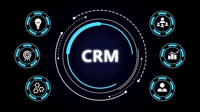 Blue circular crm logo in center on dark background with six blue icons around representing ideas, target, gears, team, chart, user