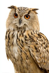 Majestic eurasian eagle-owl with striking orange eyes on white background