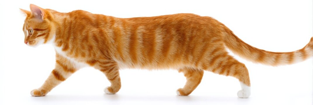 Side view of a walking ginger tabby cat against white background