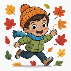 Happy Cartoon Boy Running in Falling Autumn Leaves Illustration